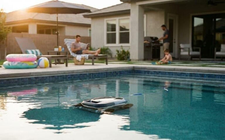 A robotic pool cleaner helping a busy family maintain a clean backyard pool with less effort